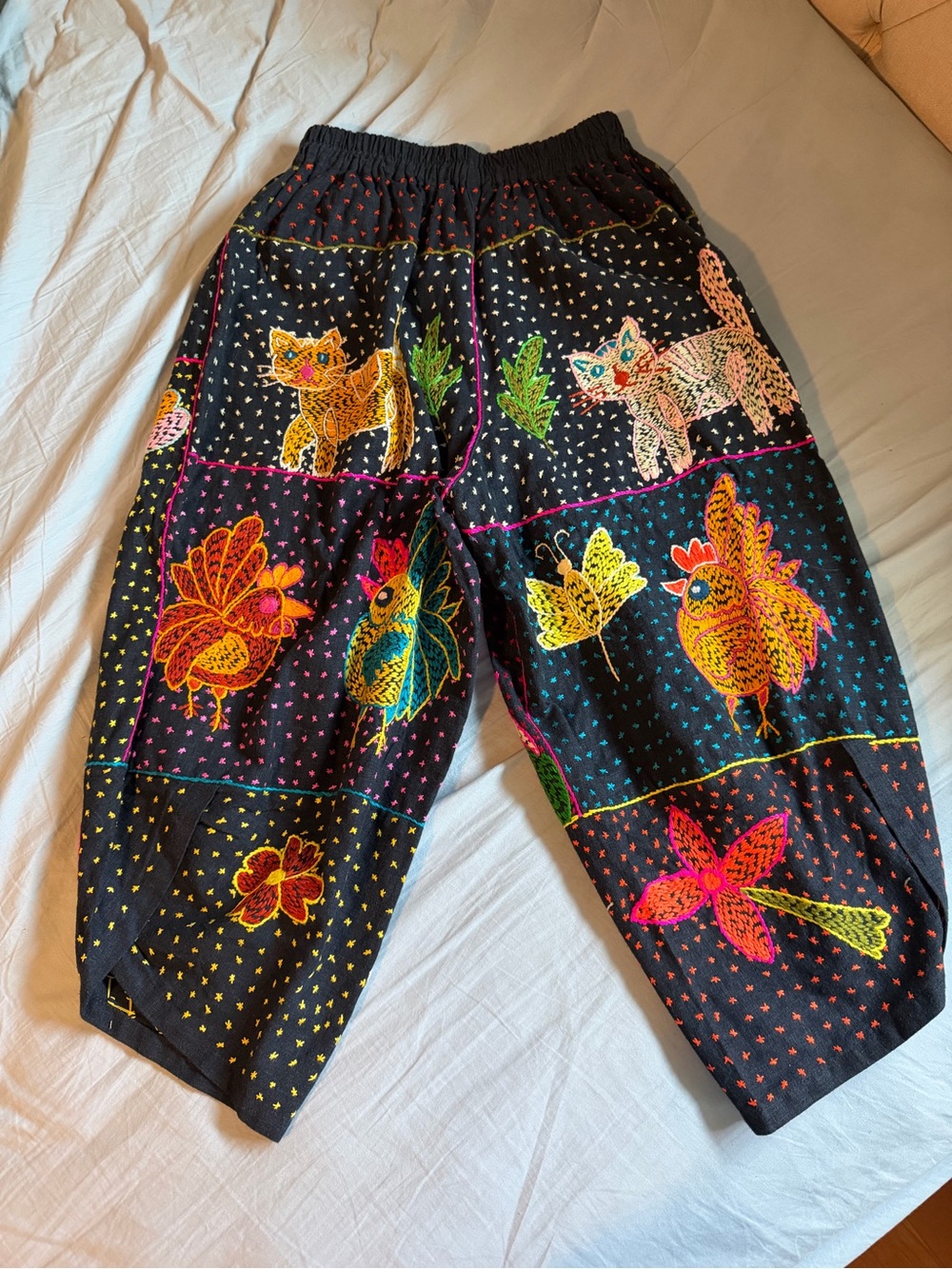 Embroidered Black Patchwork Animal & Floral Harem Pants - Bright Multicolor